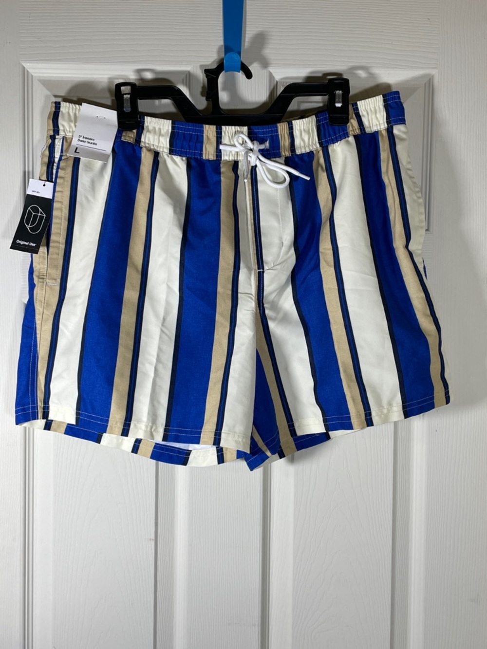 Original Use Blue White Tan Vertical Stripe Swim Trunks